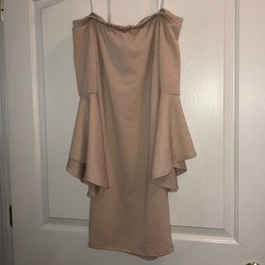 Tight fitting off the shoulder taupe dress